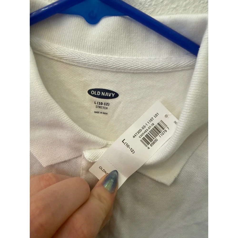 Old Navy Unisex White Long Sleeve Pique Polo Shirt Stretch L 10-12
